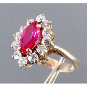 STERLING SILVER Cocktail Ring LAB CREATED FUCHSIA PINK SAPPHIRE w/CZ Halo SZ 7